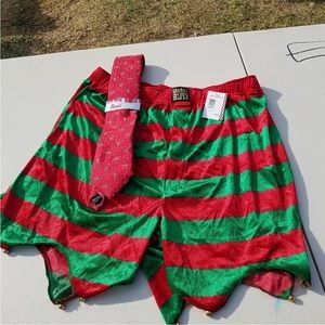 Secret Santa Christmas Elf Boxers w/ Jingle Bells and Candy Cane Tie Size XL NWT